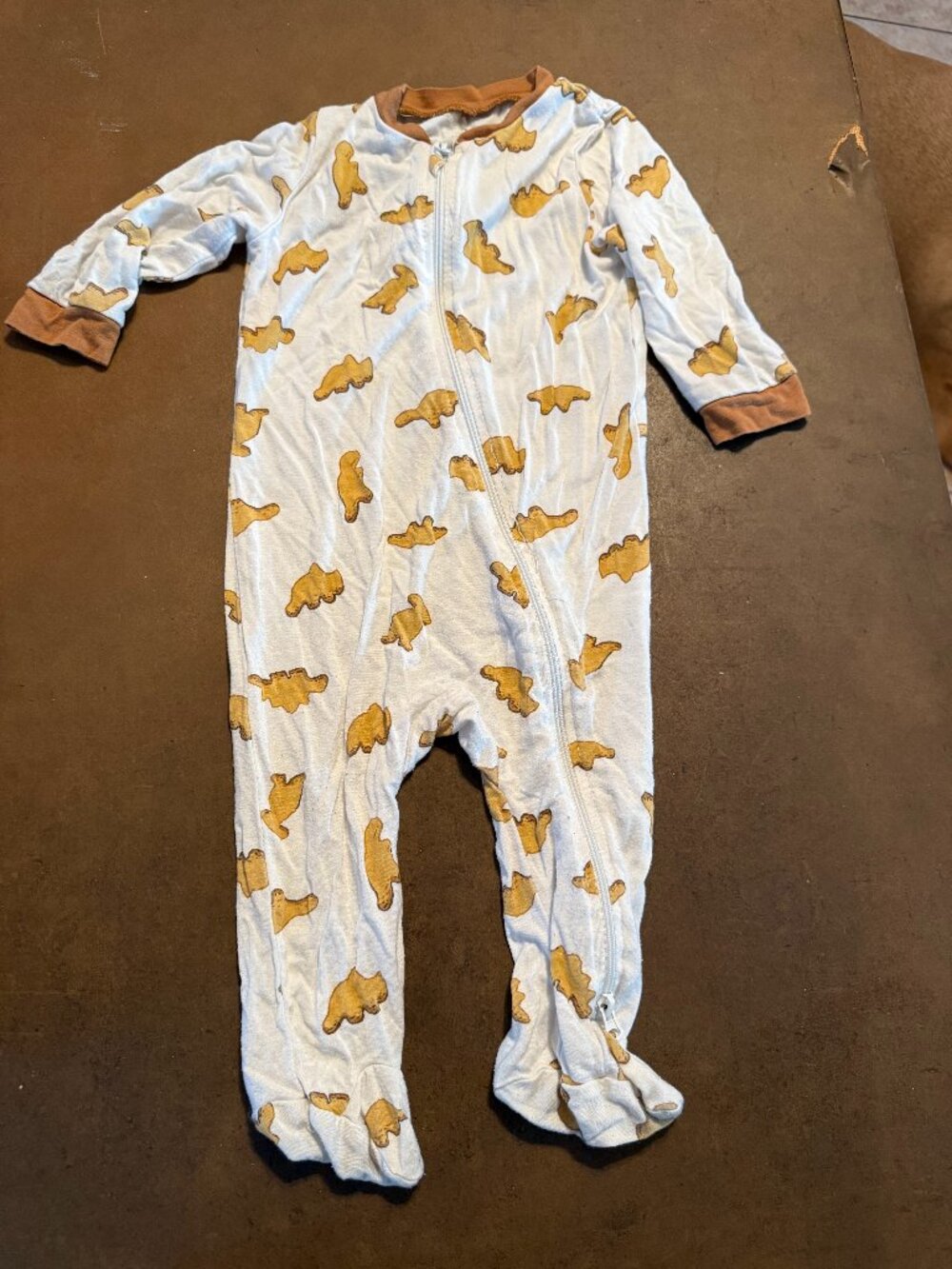 Cozy White Baby Footed One-Piece with Mustard Bear Print